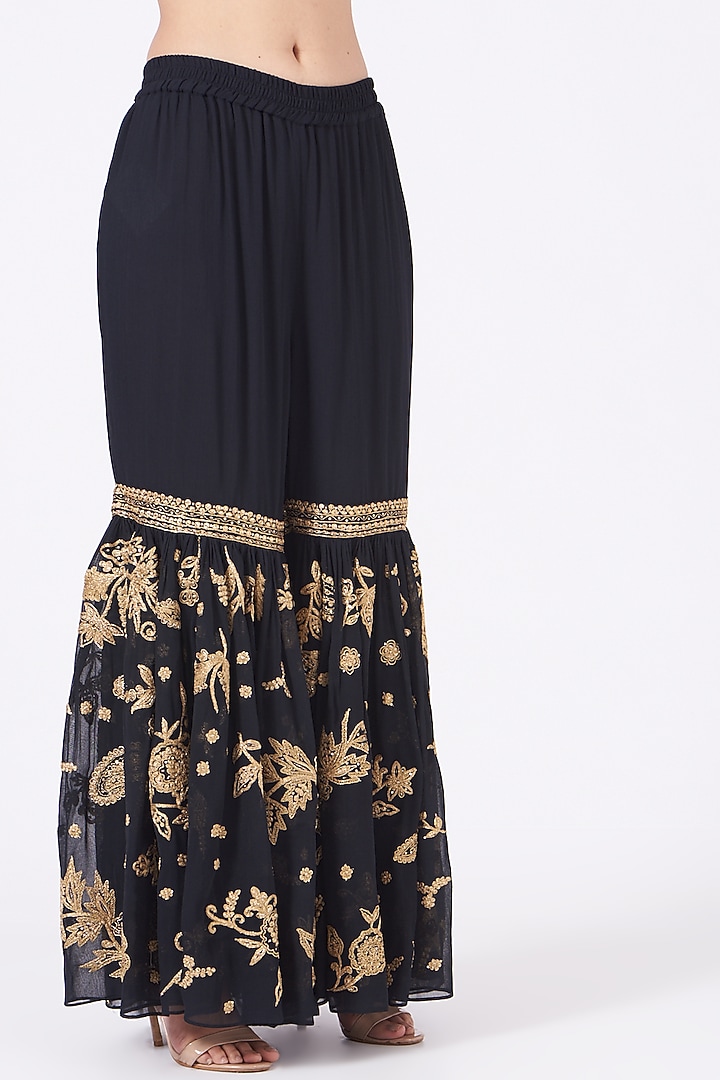 Black Zari Embroidered Wedding Sharara Set by anju & harleen at Pernia's Pop Up Shop