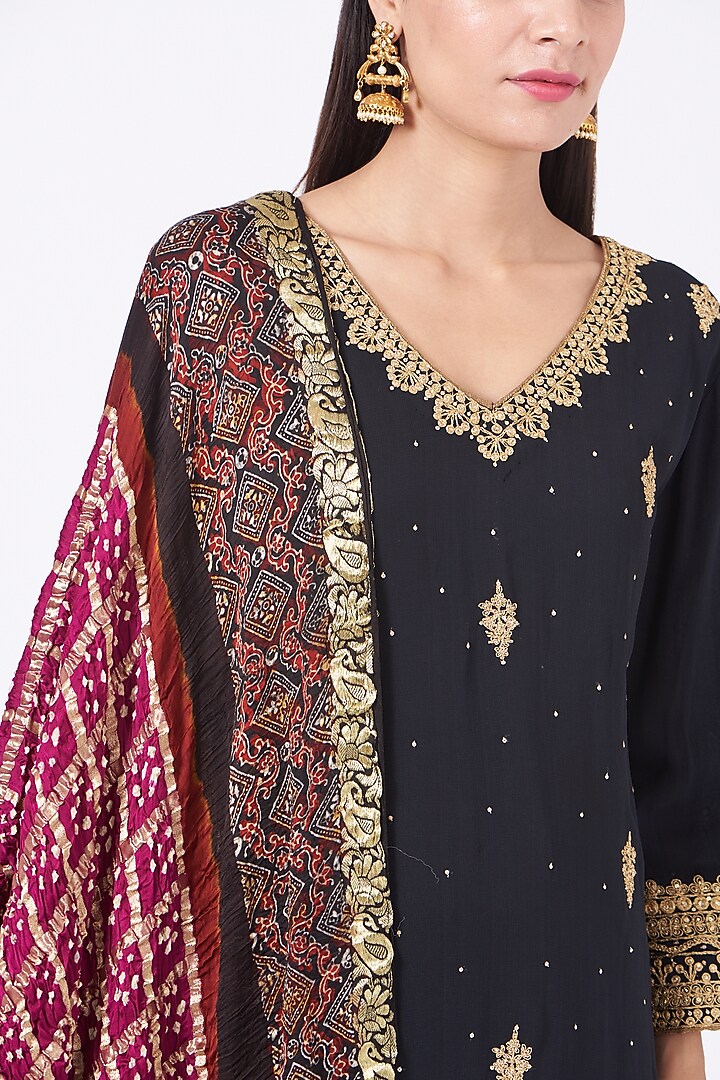 Black Zari Embroidered Wedding Sharara Set by anju & harleen at Pernia's Pop Up Shop