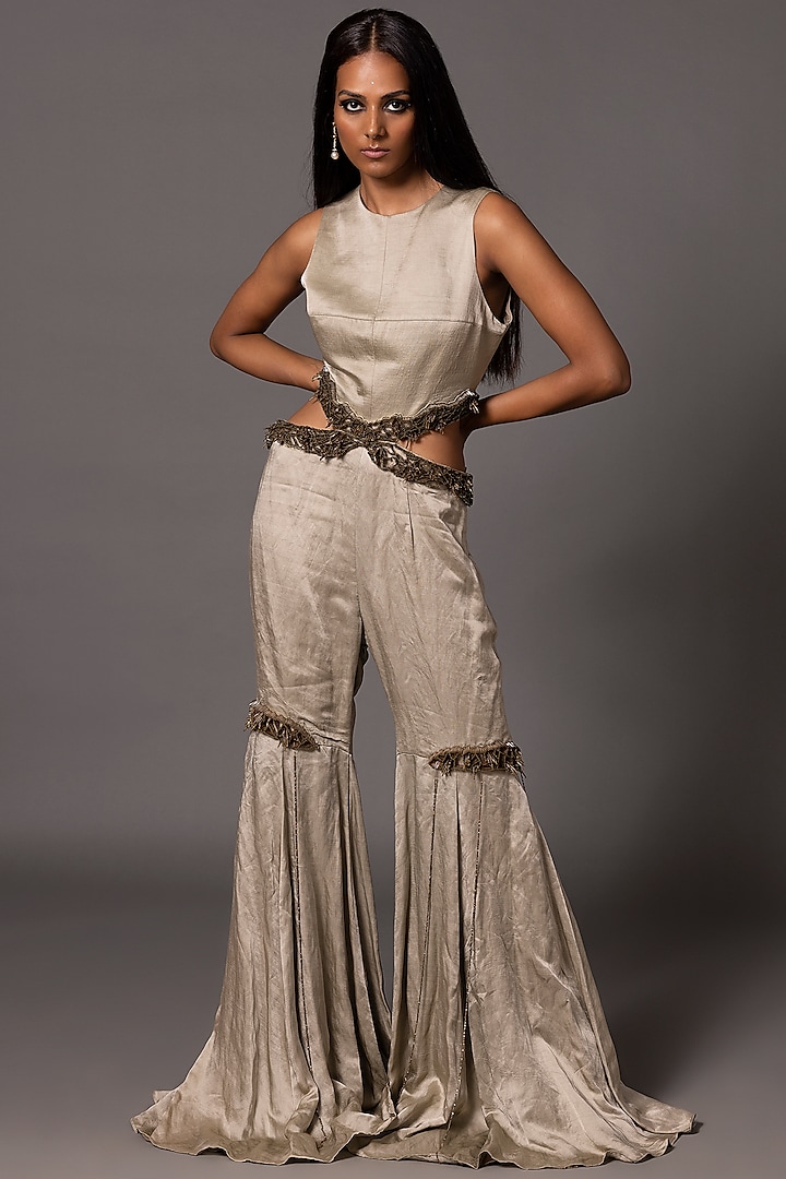 Grey Linen Satin 3D Bead Embroidered Cut-Out Jumpsuit by A Humming Way at Pernia's Pop Up Shop