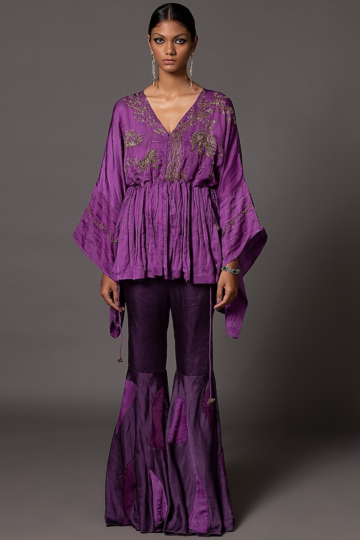 Purple Linen Satin Flared Gharara Set by A Humming Way at Pernia's Pop Up Shop