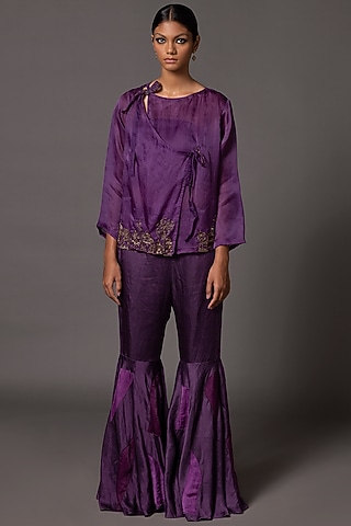 Purple Satin Organza & Linen Satin Flared Gharara Set by A Humming Way
