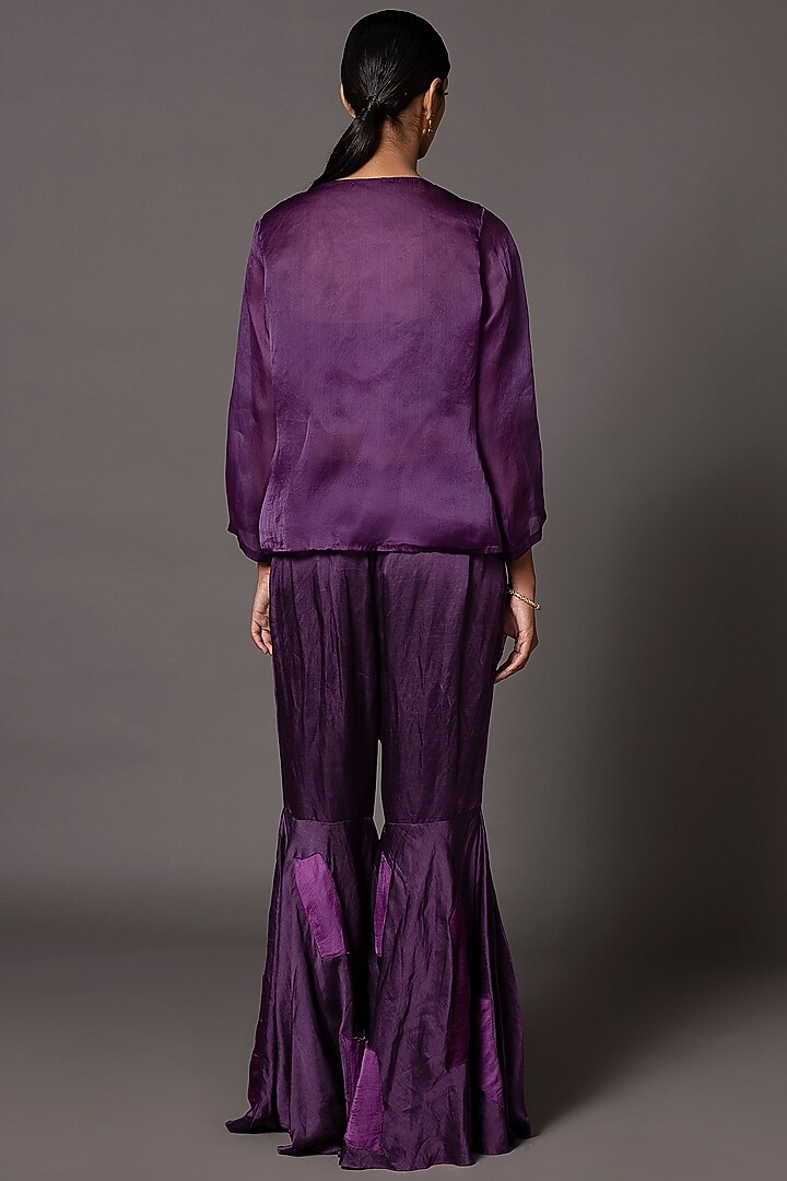 Purple Satin Organza & Linen Satin Flared Gharara Set by A Humming Way at Pernia's Pop Up Shop
