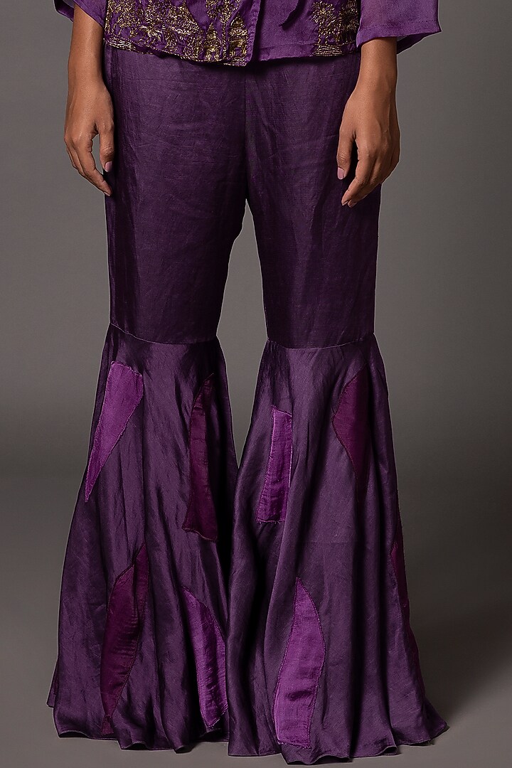 Purple Satin Organza & Linen Satin Flared Gharara Set by A Humming Way at Pernia's Pop Up Shop