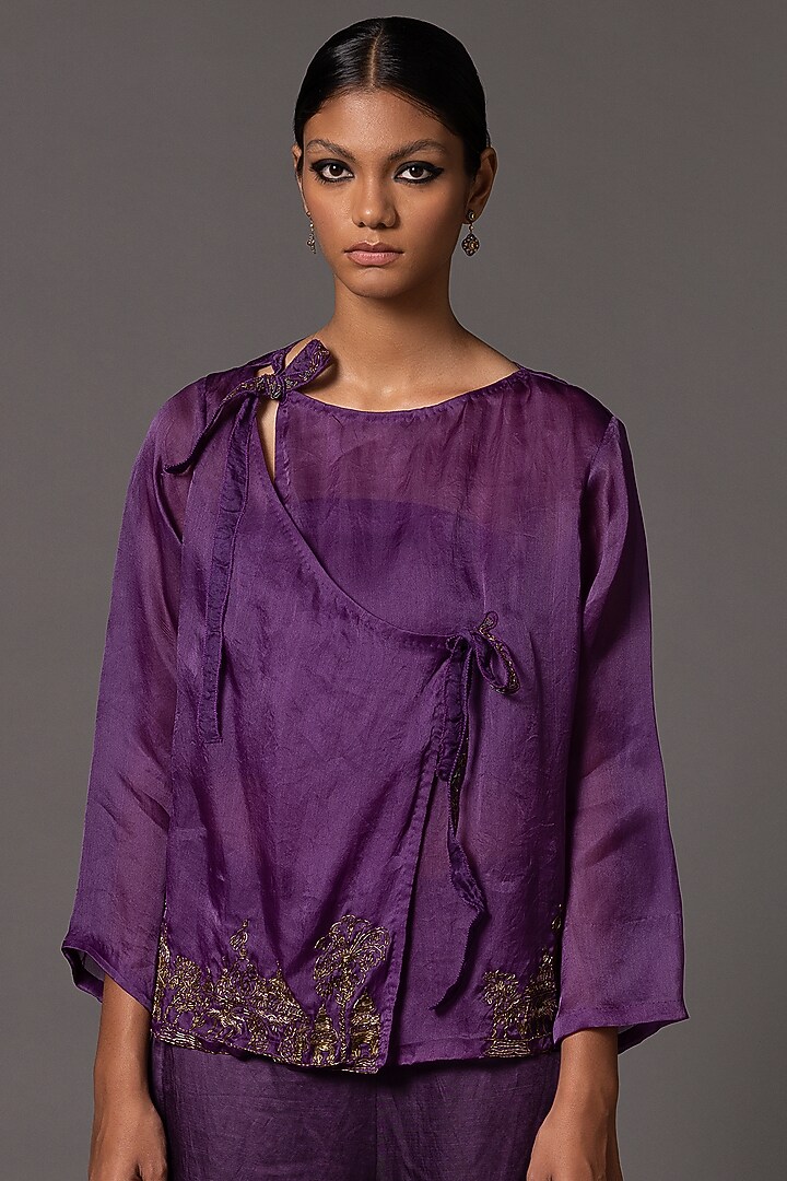 Purple Satin Organza & Linen Satin Flared Gharara Set by A Humming Way at Pernia's Pop Up Shop