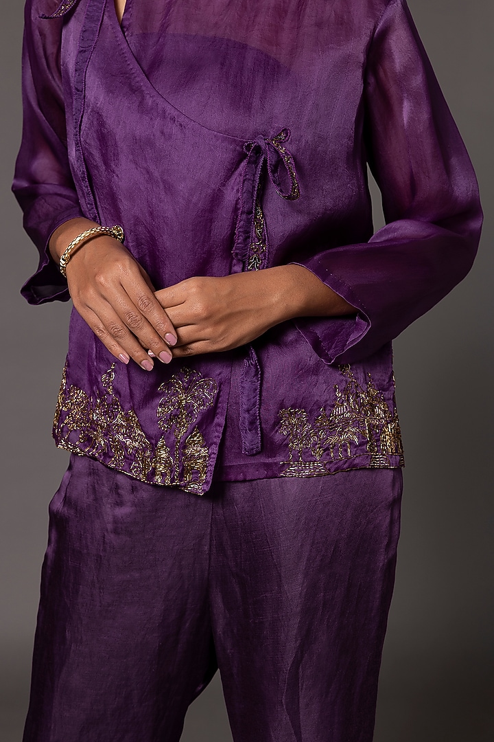 Purple Satin Organza & Linen Satin Flared Gharara Set by A Humming Way at Pernia's Pop Up Shop