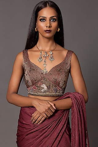 Crimson Red Bemberg Georgette Satin Metallic Embroidered Blouse by A Humming Way