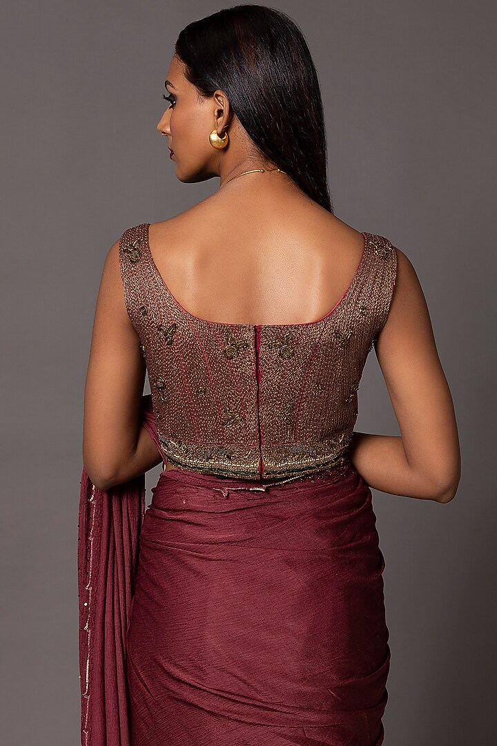 Crimson Red Bemberg Georgette Satin Metallic Embroidered Blouse by A Humming Way at Pernia's Pop Up Shop