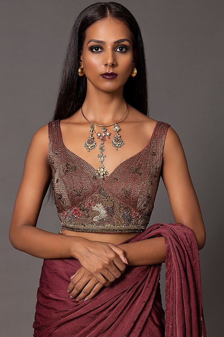 Crimson Red Bemberg Georgette Satin Metallic Embroidered Blouse by A Humming Way at Pernia's Pop Up Shop