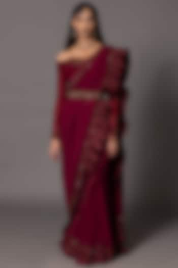 Deep Maroon Satin Chiffon Draped Saree Set by A Humming Way at Pernia's Pop Up Shop