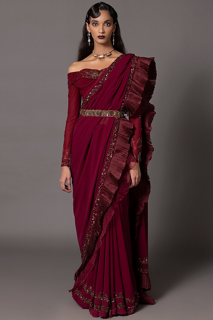 Deep Maroon Satin Chiffon Draped Saree Set by A Humming Way at Pernia's Pop Up Shop