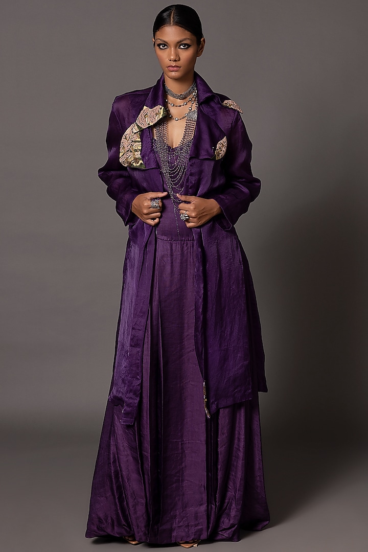 Purple Linen Satin Hand Embroidered Corset Gown With Jacket by A Humming Way at Pernia's Pop Up Shop