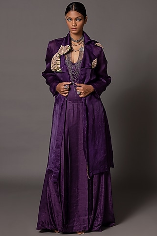 Purple Linen Satin Hand Embroidered Corset Gown With Jacket by A Humming Way