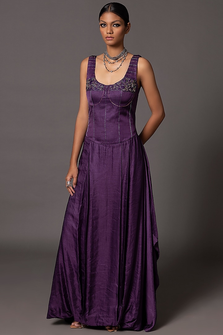 Purple Linen Satin Hand Embroidered Corset Gown by A Humming Way at Pernia's Pop Up Shop