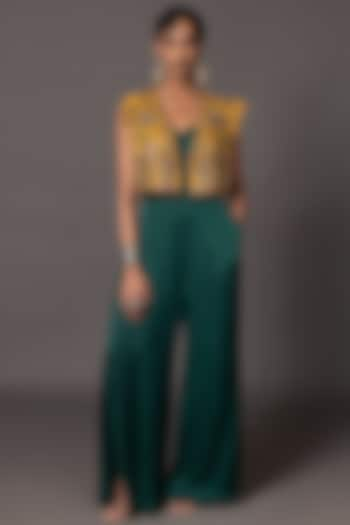 Bottle Green Bemberg Georgette Satin Jumpsuit With Jacket by A Humming Way at Pernia's Pop Up Shop