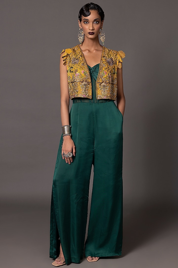 Bottle Green Bemberg Georgette Satin Jumpsuit With Jacket by A Humming Way at Pernia's Pop Up Shop