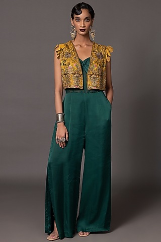 Bottle Green Bemberg Georgette Satin Jumpsuit With Jacket by A Humming Way