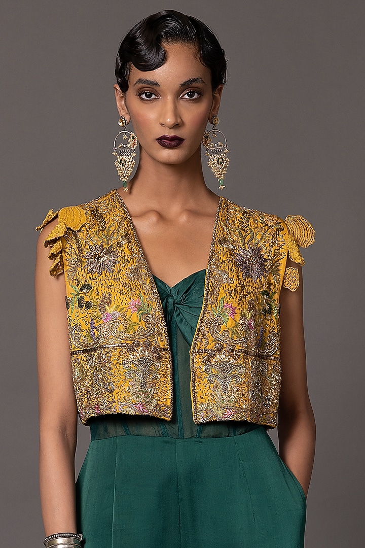Bottle Green Bemberg Georgette Satin Jumpsuit With Jacket by A Humming Way at Pernia's Pop Up Shop