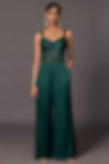 Bottle Green Bemberg Georgette Satin Jumpsuit by A Humming Way at Pernia's Pop Up Shop