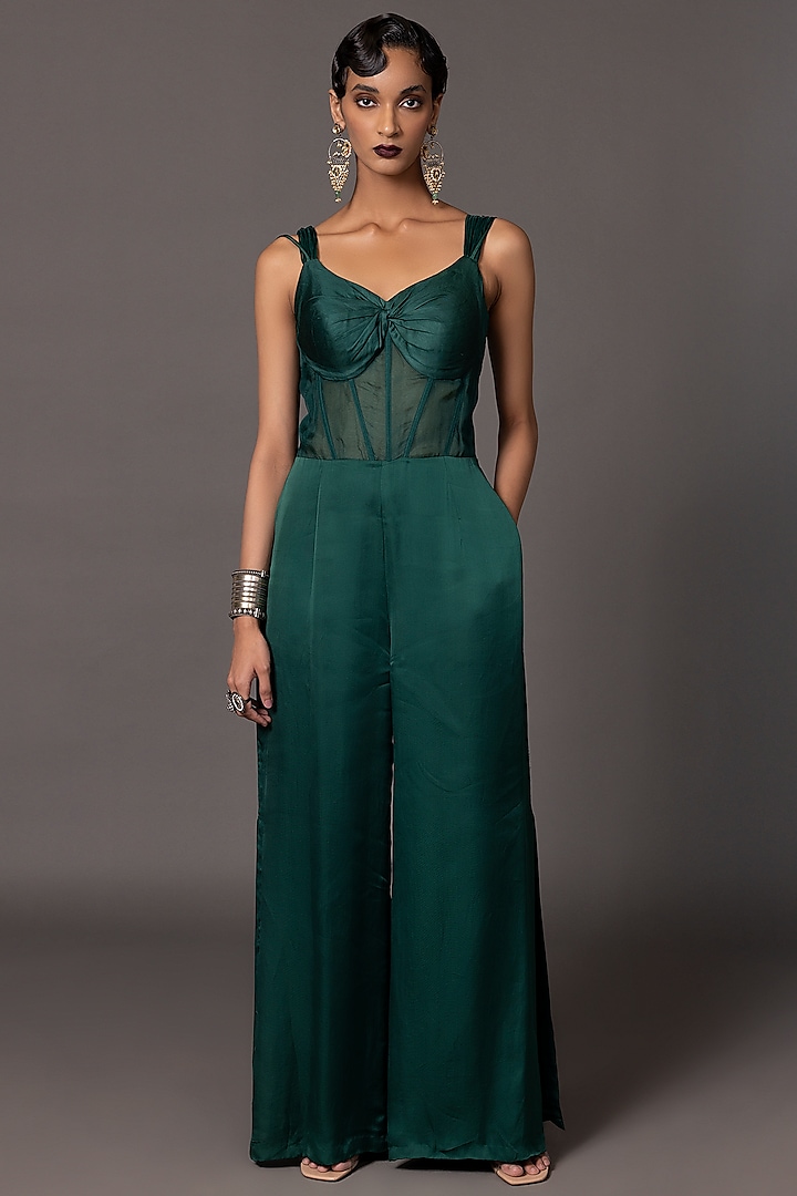 Bottle Green Bemberg Georgette Satin Jumpsuit by A Humming Way at Pernia's Pop Up Shop