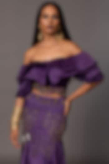 Purple Satin Organza Off-Shoulder Ruched Crop Top by A Humming Way at Pernia's Pop Up Shop