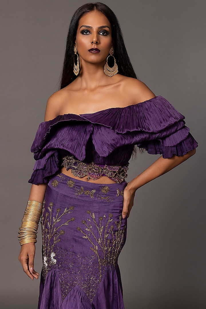 Purple Satin Organza Off-Shoulder Ruched Crop Top by A Humming Way at Pernia's Pop Up Shop