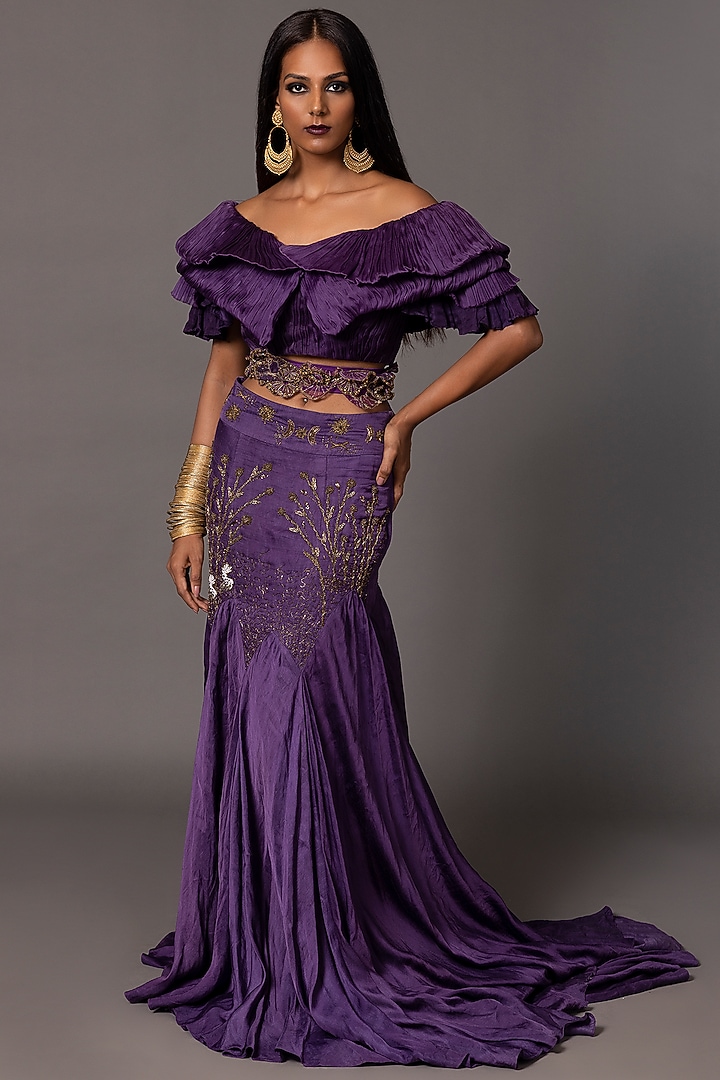 Purple Satin Organza Off-Shoulder Ruched Crop Top by A Humming Way at Pernia's Pop Up Shop