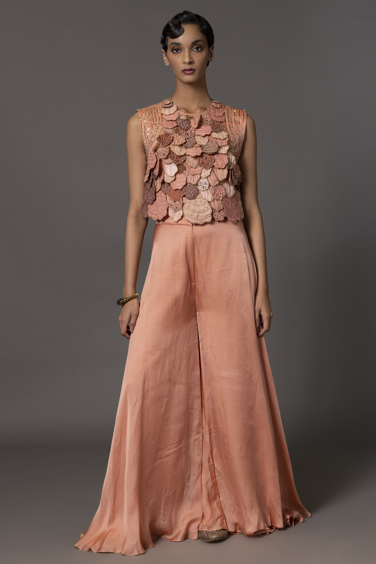 Blush Satin Organza & Bemberg Georgette Satin Flared Pant Set by A Humming Way at Pernia's Pop Up Shop