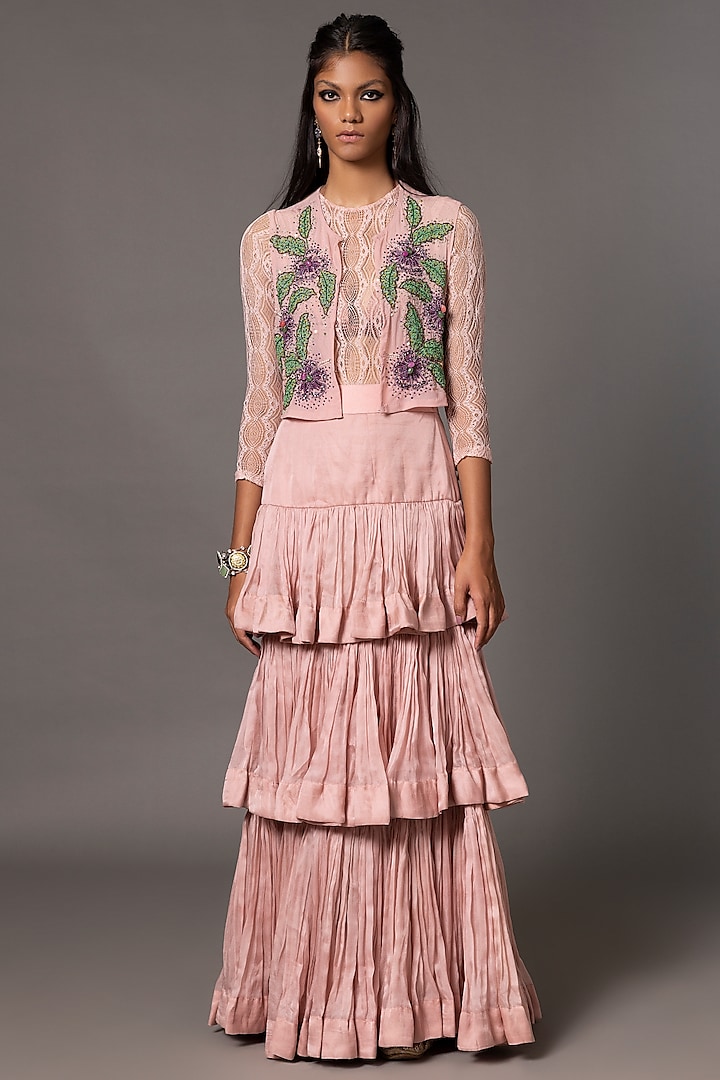 Pink Satin Organza Layered Ruched Skirt Set by A Humming Way at Pernia's Pop Up Shop