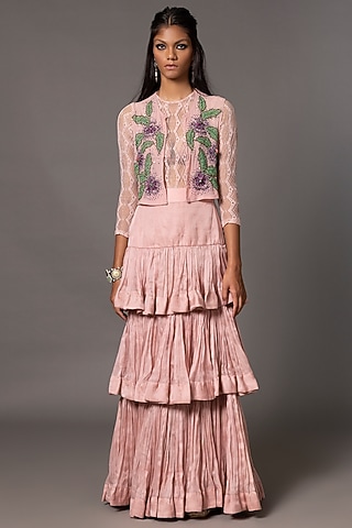Pink Satin Organza Layered Ruched Skirt Set by A Humming Way
