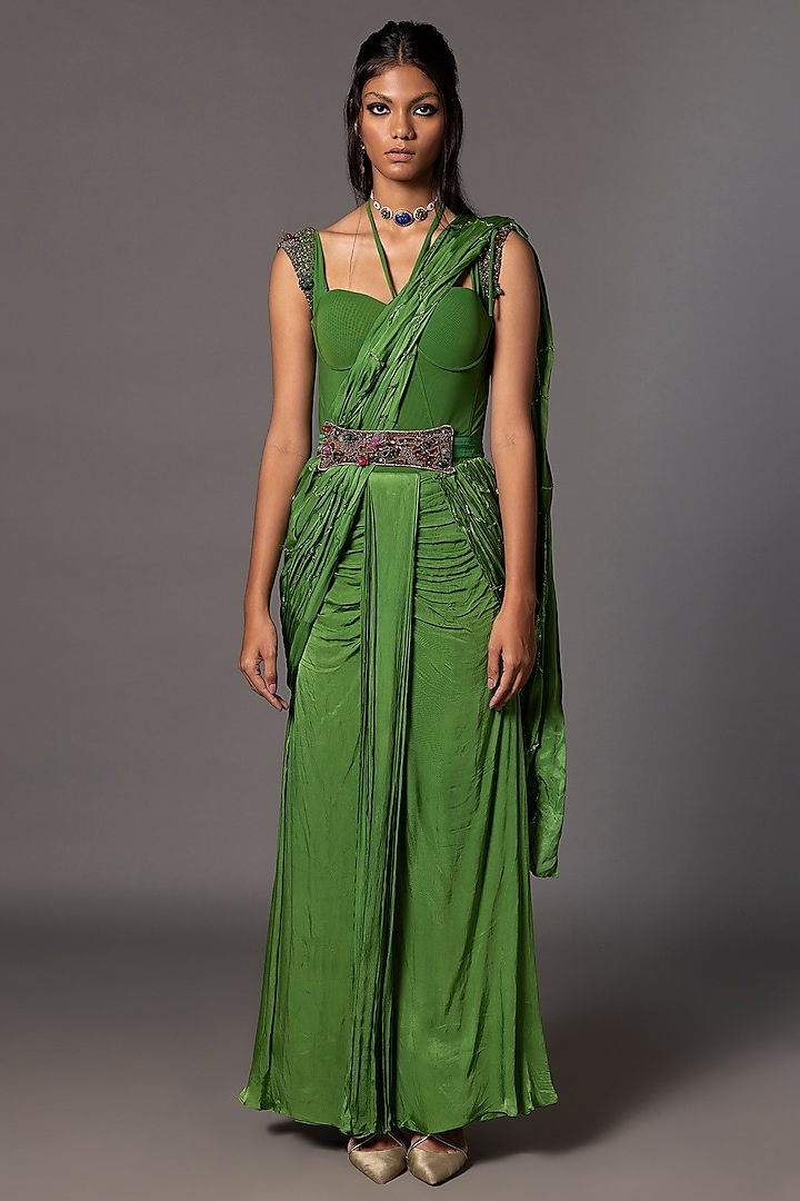 Emerald Green Linen Satin Metallic Hand Embroidered Saree Set by A Humming Way at Pernia's Pop Up Shop