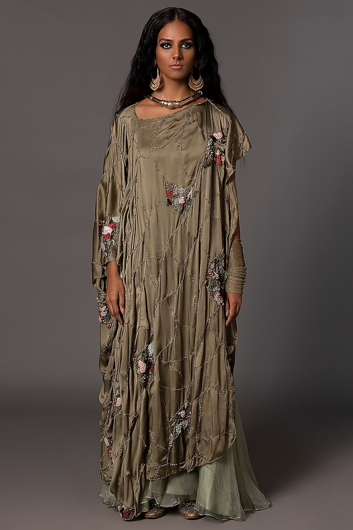 Gold Bemberg Georgette Satin Hand Work One-Shoulder Kaftan Style Cape Set by A Humming Way at Pernia's Pop Up Shop