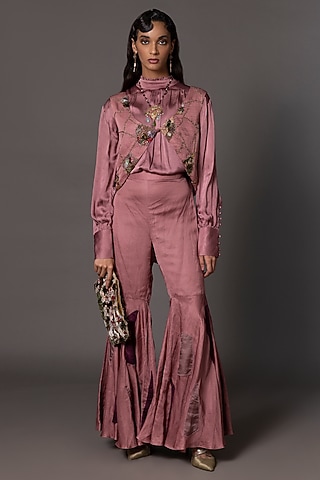 Pink Bemberg Georgette Satin & Linen Satin Thread Work Jacket Set by A Humming Way