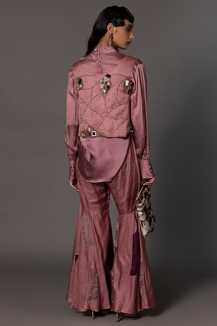 Pink Bemberg Georgette Satin & Linen Satin Thread Work Jacket Set by A Humming Way at Pernia's Pop Up Shop