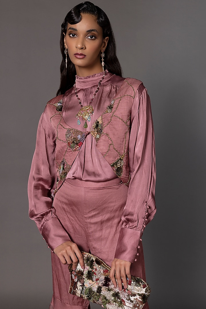 Pink Bemberg Georgette Satin & Linen Satin Thread Work Jacket Set by A Humming Way at Pernia's Pop Up Shop
