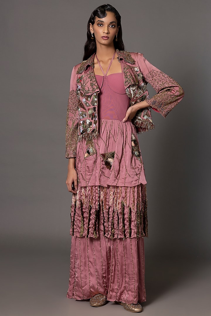 Dusty Pink Bemberg Satin & Stretch Net Embroidered Gown With Jacket by A Humming Way at Pernia's Pop Up Shop