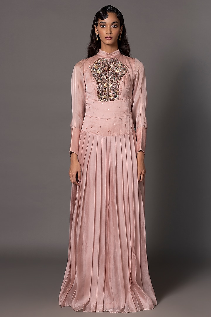 Pink Satin Organza Mukaish Embroidered Hand-Pleated Gown by A Humming Way at Pernia's Pop Up Shop