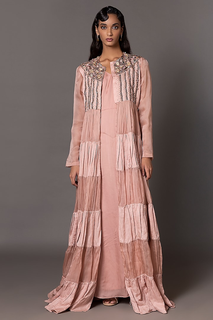 Blush Pink Linen Satin & Satin Organza Metallic Embroidered Jacket Dress by A Humming Way at Pernia's Pop Up Shop