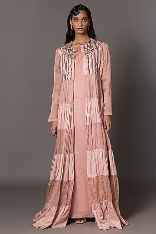 Blush Pink Linen Satin & Satin Organza Metallic Embroidered Jacket Dress by A Humming Way