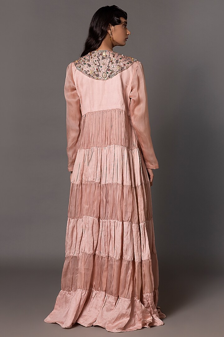 Blush Pink Linen Satin & Satin Organza Metallic Embroidered Jacket Party Wear Dress by A Humming Way at Pernia's Pop Up Shop