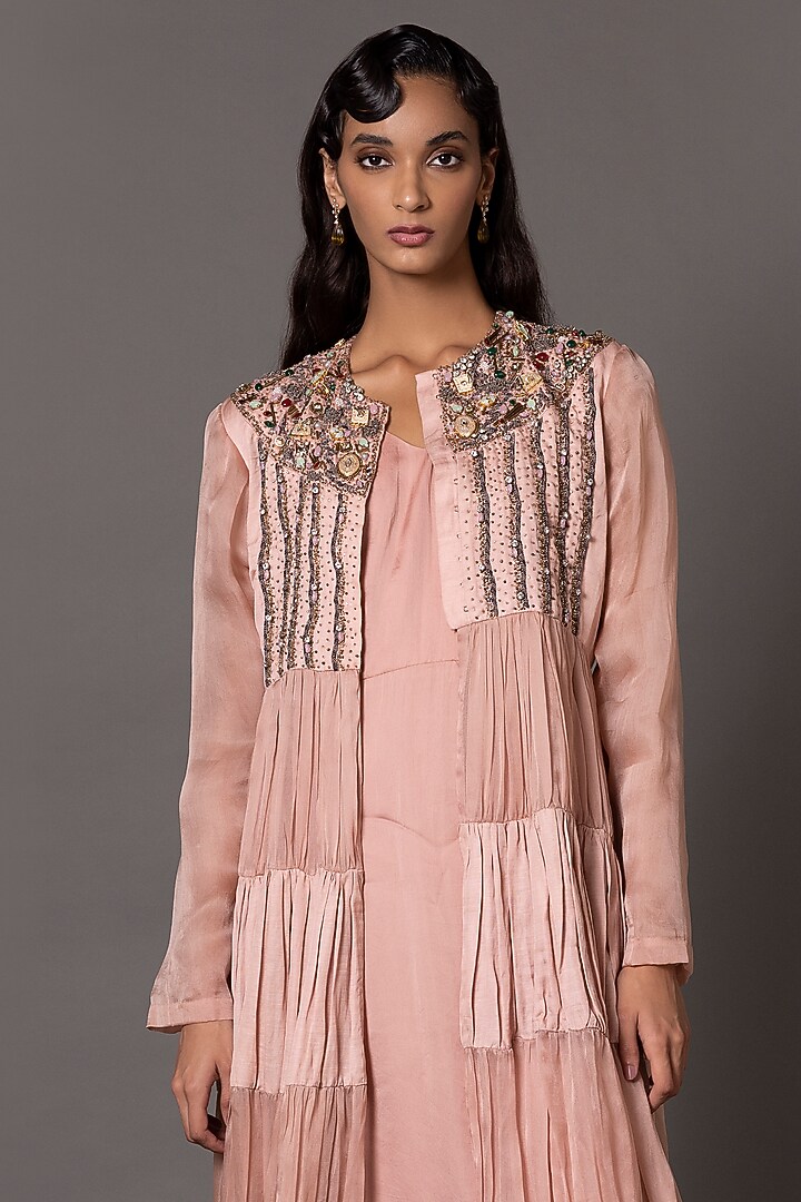 Blush Pink Linen Satin & Satin Organza Metallic Embroidered Jacket Party Wear Dress by A Humming Way at Pernia's Pop Up Shop