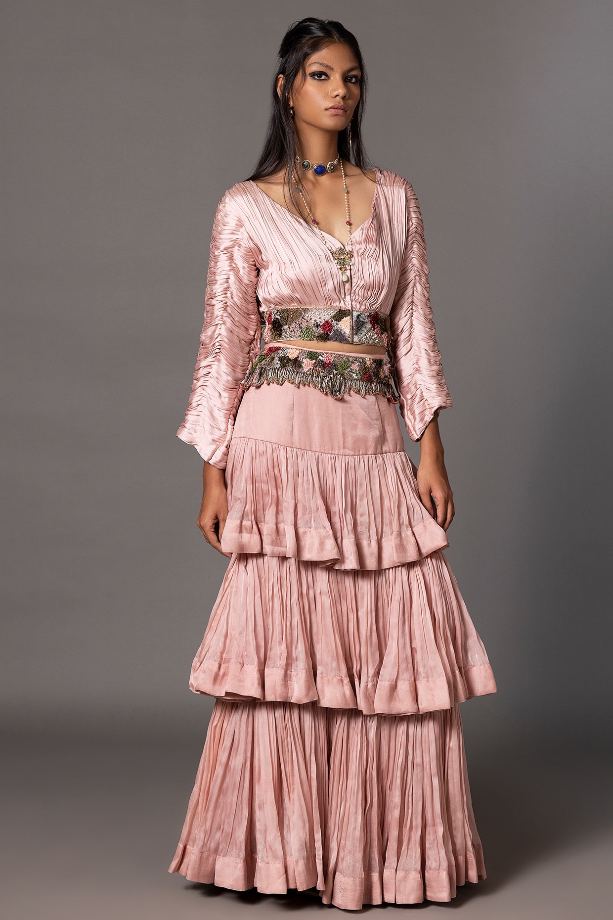 Blush Pink Bemberg Georgette Satin & Satin Organza Tiered Skirt Set by ...