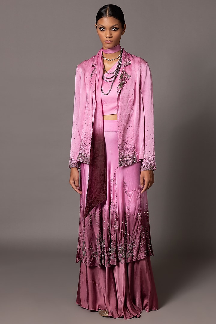 Pink Bemberg Georgette Sain & Linen Satin Crystal Embroidered Jacket Set by A Humming Way at Pernia's Pop Up Shop