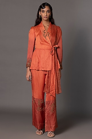 Rust Linen Satin Bead Work Jacket Set by A Humming Way