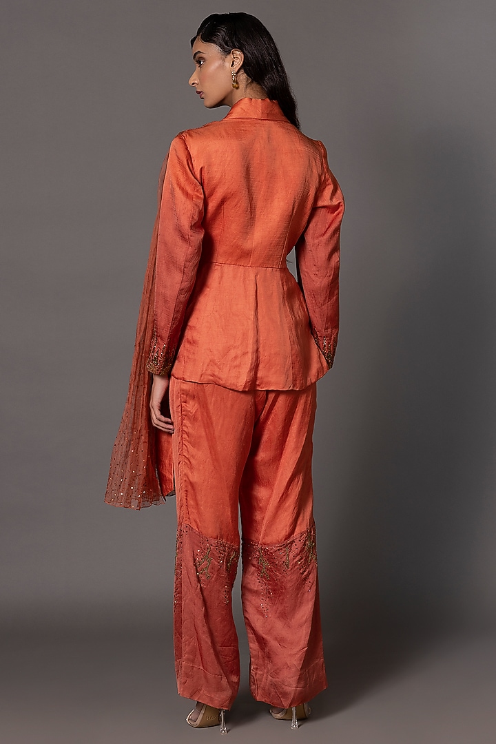 Rust Linen Satin Bead Work Jacket Set by A Humming Way at Pernia's Pop Up Shop