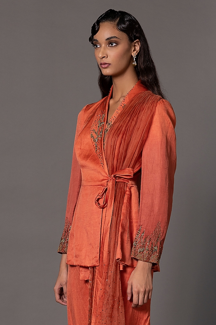 Linen Rust Jacket Womens Rust Linen Satin Bead Work Jacket Set By