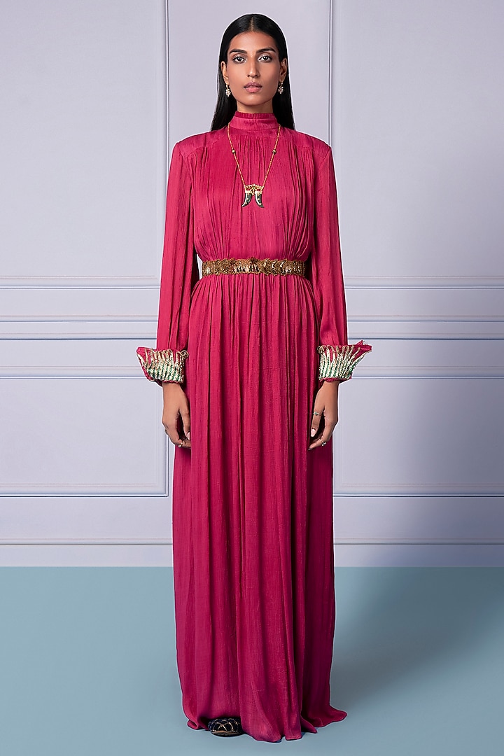 Cerise Pink Satin Chiffon Metallic Embroidered Gown With Belt by A Humming Way at Pernia's Pop Up Shop