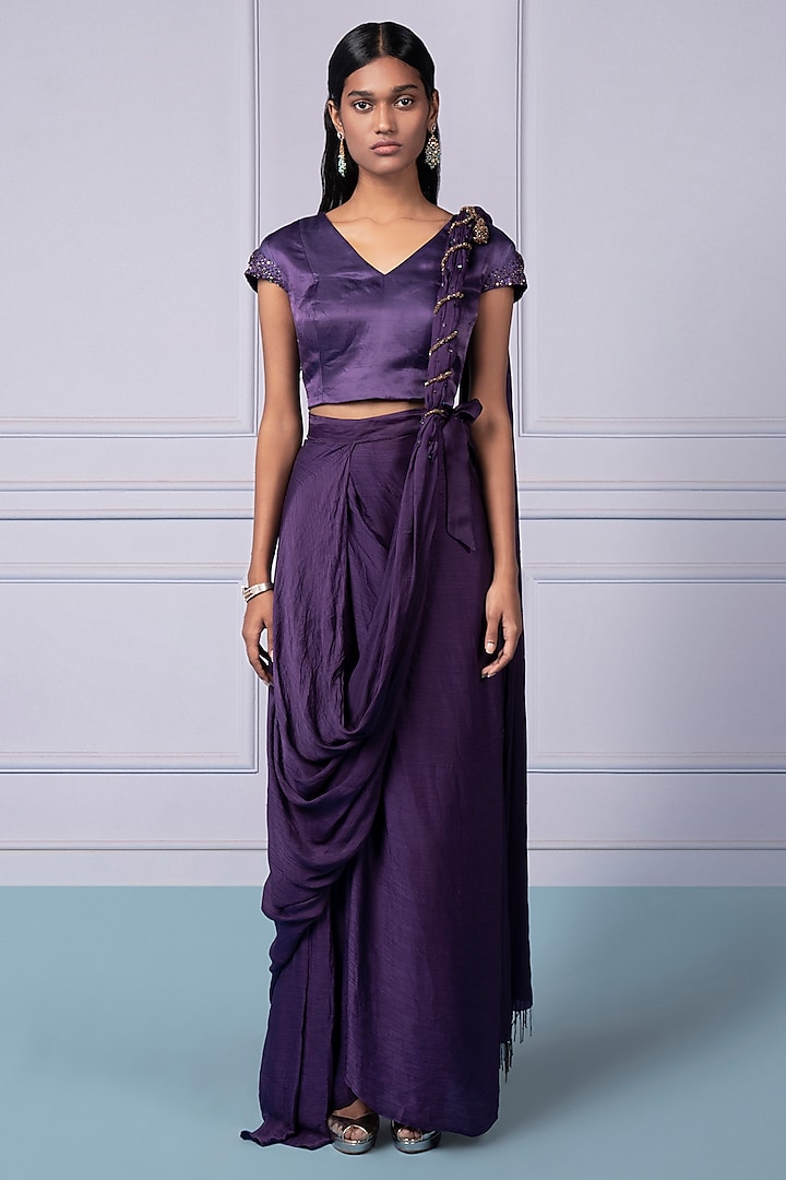 Purple Mashru Silk & Satin Chiffon Hand Embroidered Pre-Draped Saree Set by A Humming Way at Pernia's Pop Up Shop