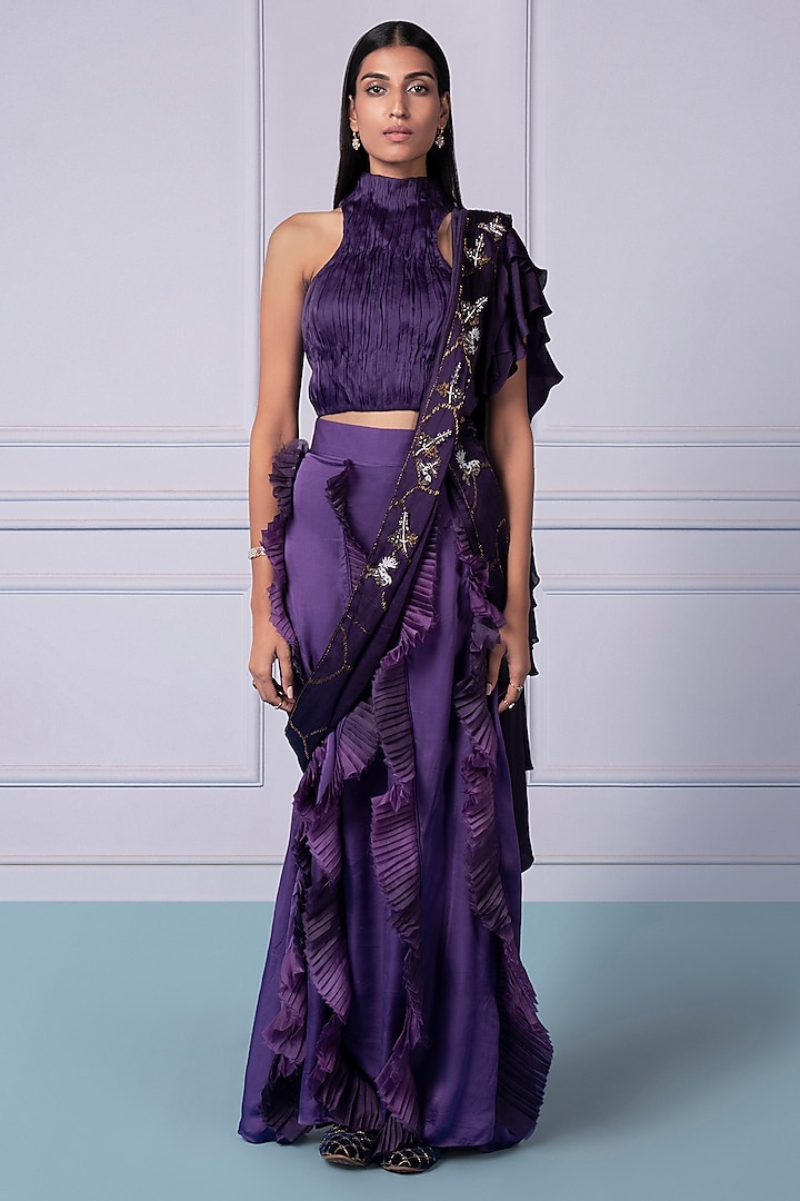 Purple Satin Organza & Linen Satin Frilled Wedding Lehenga Set by A Humming Way at Pernia's Pop Up Shop