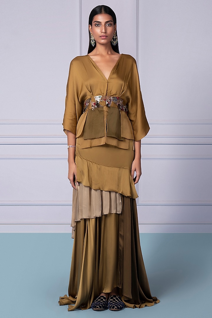 Martina Olive Linen Satin & Georgette Satin Asymmetrical Frilled Skirt Set by A Humming Way at Pernia's Pop Up Shop