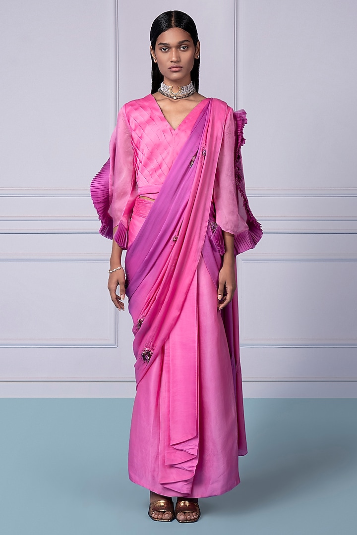 Pink Satin Organza & Satin Chiffon Sequins Work Hand Pleated Lehenga Saree Set by A Humming Way at Pernia's Pop Up Shop